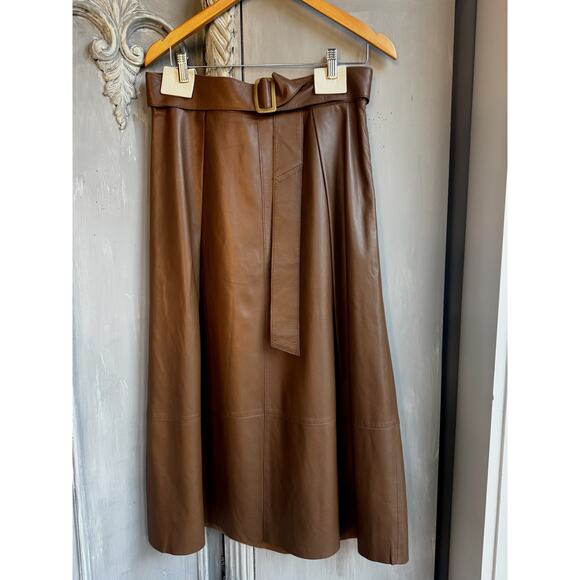 Vince Midi Skirt Tan Belted Lamb Leather A-line High Waist Luxe Minimalist Sz 10 - Picture 2 of 14